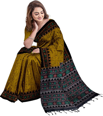 TITHISAREES Printed Sambalpuri Cotton Blend Saree(Yellow)