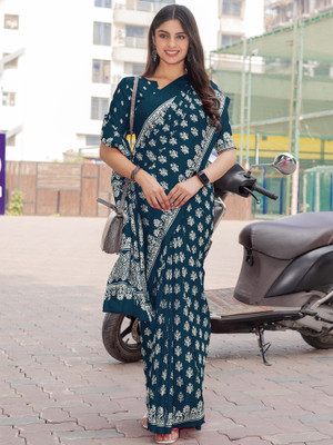 Divastri Printed Daily Wear Silk Blend Saree(Blue)