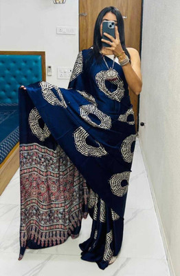 TRUORIGIN Printed Bollywood Crepe, Silk Blend Saree(Blue)
