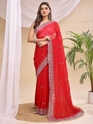 SIZU Embroidered, Solid/Plain Bollywood Georgette Saree(Red)