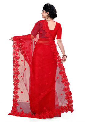 SPAREN CREATION Embroidered Bollywood Net Saree(Red)