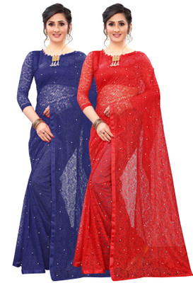 Croza Self Design Bollywood Net Saree(Pack of 2, Multicolor)