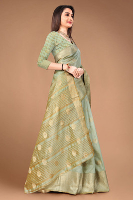 GOGAJI COLLECTION Printed, Temple Border, Woven, Embellished, Solid/Plain Banarasi Art Silk, Cotton Silk Saree(Light Green)