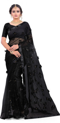 HouseOfCommon Embroidered Bollywood Net Saree(Black)