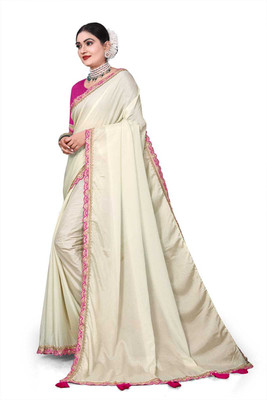 Hulashri fashion Solid/Plain, Embroidered Bollywood Crepe Saree(Cream)