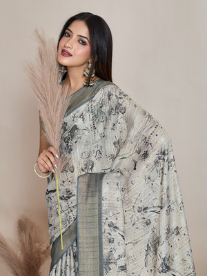 Eeza Printed Bollywood Tissue Saree(Grey)