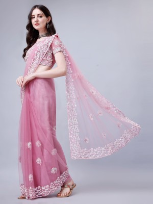 zili Embroidered Bollywood Net Saree(Pink)