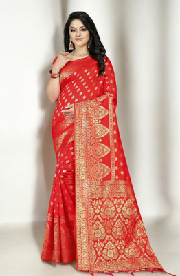 Pikham Self Design Banarasi Art Silk Saree(Red)