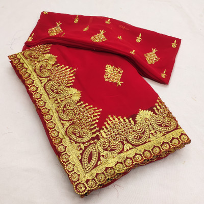 KHRITI FAB Embroidered, Floral Print Bollywood Georgette Saree(Red)