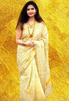 Gugaliya Checkered Kasavu Pure Cotton Saree(Multicolor)