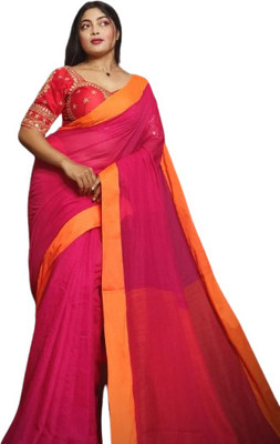 kalpana handloom Solid/Plain Handloom Cotton Blend Saree(Red)