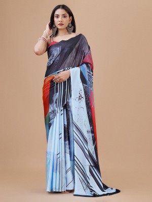 Indian Fashionista Graphic Print Bollywood Crepe Saree(Light Blue)