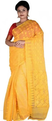 OWALID Self Design Jamdani Cotton Silk Saree(Mustard)