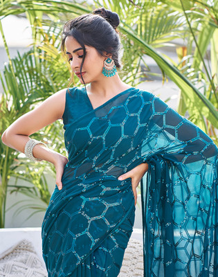 Satrani Dyed, Embroidered, Embellished Bollywood Chiffon, Georgette Saree(Blue)