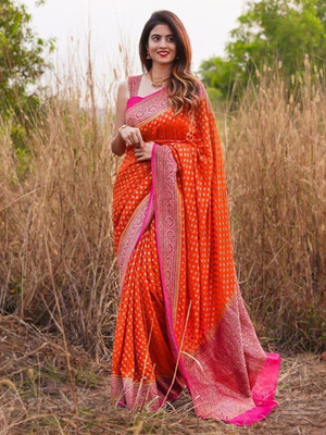 Anouk Rustic Woven Banarasi Silk Blend Saree(Orange)