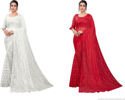 Nilkanthvarni Creation Self Design Bollywood Net Saree(Pack of 2, White, Red)