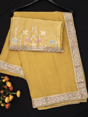 rudrx fashion Embroidered Bollywood Crepe Saree(Yellow)