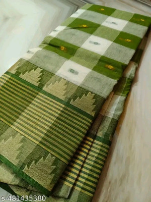 Pal Handloom Checkered, Woven, Striped Tant Cotton Blend Saree(Green)