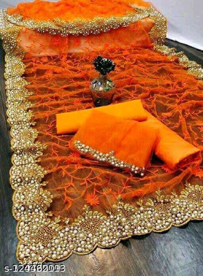 FINERFLY Embroidered Banarasi Net Saree(Orange)