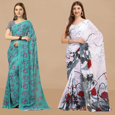 Dori Printed Daily Wear Georgette Saree(Pack of 2, Blue, Red)