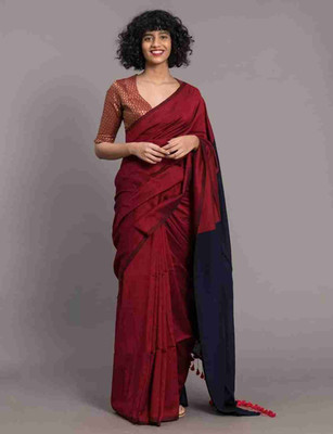 saree star Solid/Plain Handloom Cotton Blend Saree(Dark Blue, Red)