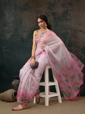 SILK ZONE Digital Print Chanderi Cotton Blend Saree(Pink)