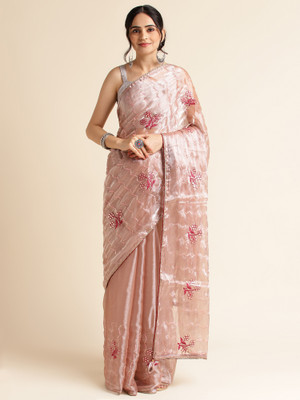 FABMORA Embroidered, Embellished Bollywood Organza Saree(Brown)