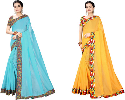 manish Solid/Plain Chanderi Cotton Blend Saree(Pack of 2, Light Blue, Yellow)