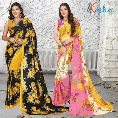 kashvi sarees Floral Print Daily Wear Georgette Saree(Pack of 2, Yellow, Multicolor)