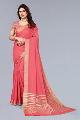 BFM Solid/Plain, Woven, Self Design Saree with Attached Blouse Linen Saree(Red)