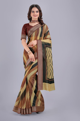 Kemza Digital Print Banarasi Cotton Silk Saree(Brown)