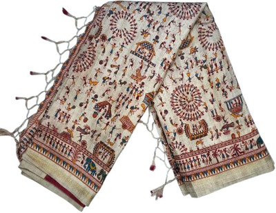 Praaj Printed Madhubani Jute Silk Saree(Multicolor)