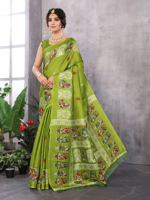 YASHIKA Printed Kalamkari Art Silk Saree(Green)