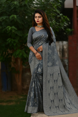 Saadhvi Woven Banarasi Cotton Blend Saree(Grey)