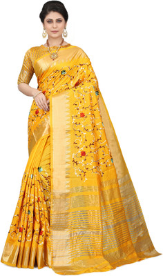 SERONA FABRICS Printed, Embroidered Bollywood Cotton Silk Saree(Yellow)