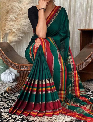 SUEE SUTA Woven Handloom Cotton Blend Saree(Dark Green)