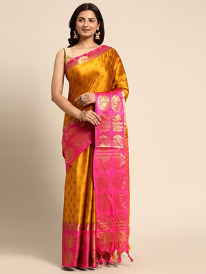 HouseOfCommon Woven, Checkered, Embellished, Self Design Banarasi Jacquard, Cotton Silk Saree(Gold)