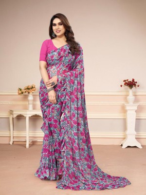 APERA Floral Print Bollywood Georgette Saree(Grey)