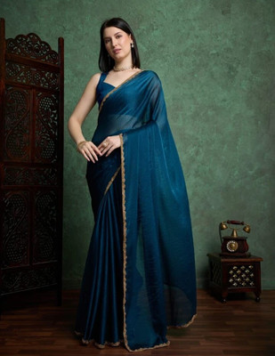 Gajal Solid/Plain Saree with Attached Blouse Chiffon Saree(Dark Blue)