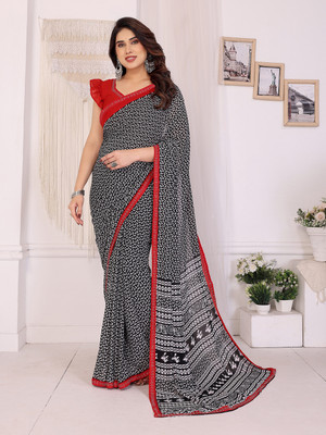 Anand Sarees Embellished Saree with Attached Blouse Georgette, Lace Saree(Black, Red)