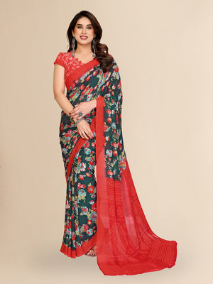 Moda Rapido Floral Print Daily Wear Georgette Saree(Green, Red)
