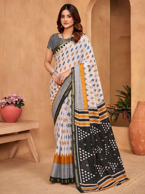 all about you Printed Daily Wear Silk Blend Saree(White)