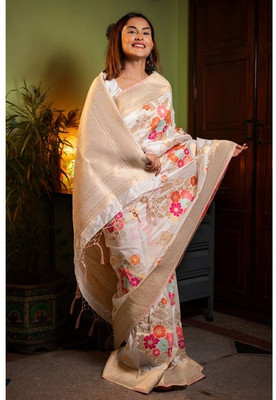 Juhi Collection Solid/Plain Banarasi Art Silk Saree(White)