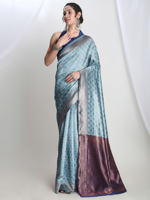 Janasya Woven Banarasi Silk Blend Saree(Light Blue)