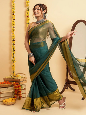 Online Bazaaar Solid/Plain Bollywood Silk Blend Saree(Light Blue)