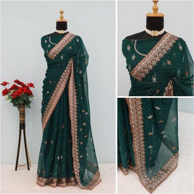 Mikhushop Embroidered Bollywood Organza Saree(Dark Blue)