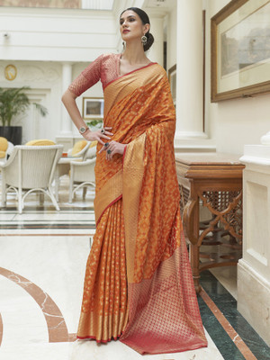Sareemall Woven Patola Silk Blend Saree(Mustard)