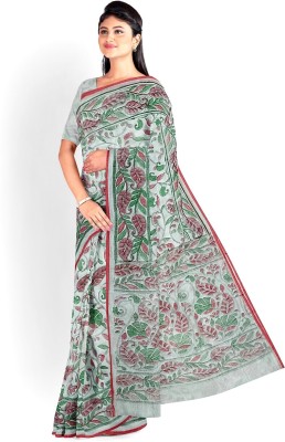 SABITA SAREE CENTER Hand Painted Handloom Pure Cotton Saree(White)