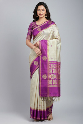 Fabloom Checkered, Woven Bhagalpuri Handloom Raw Silk Saree(Purple)