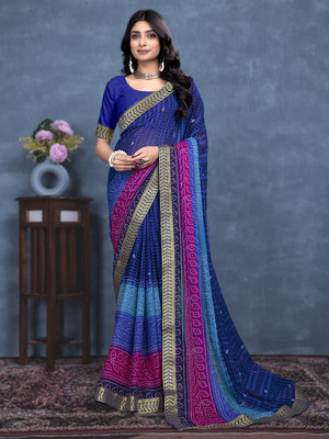 Kanooda Prints Printed Bandhani Georgette Saree(Blue)